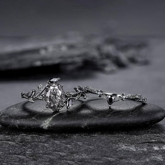Natural Black Rutilated Quartz Ring Sets for Women - Picture 7 of 10